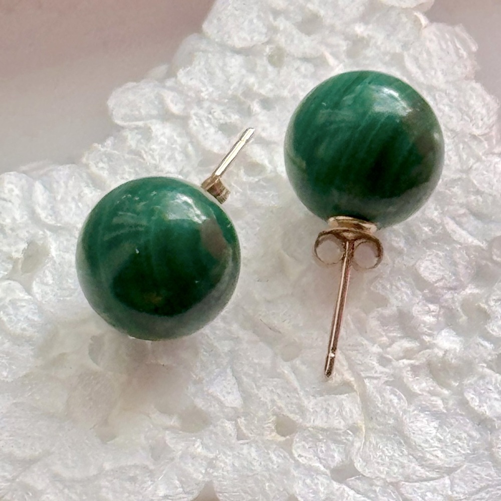 10 mm Malachite bead stud earrings with 14k yellow posts & backs